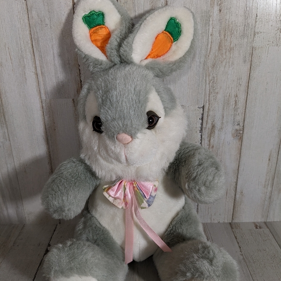 Vintage Guffa Gray And White Bunny Plush Stuffed Animal Eyelashes Carrots Bow - Picture 1 of 6